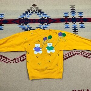 Vintage Kids Sweatshirt Hanes USA Teddy Bears & Balloons Yellow Crewneck XS 2-4